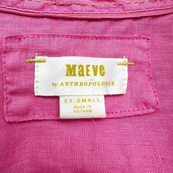 Anthropologie Maeve Linen Ruched Sleeve Button Down Shirt Pink XXS - Picture 10 of 11